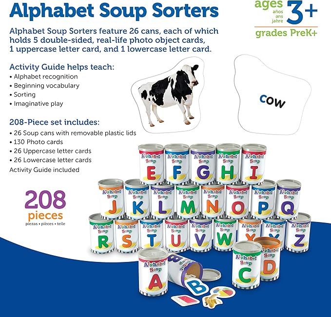 Learning Resources Alphabet Soup Sorters - 208 Pieces, Ages 3+, Early Phonics Manipulatives, ABCs, Alphabet Awareness & Recognition, Alphabet Soup Games