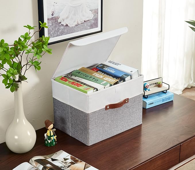 DECOMOMO Fabric Storage Bins with Lid, Storage Baskets for Shelves (Grey and White, 3 Pack)