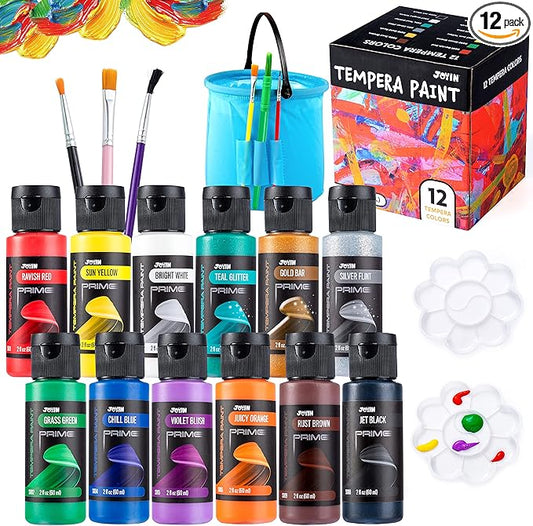JOYIN 12PCS Washable Kids Tempera Paint Set (2 oz Each), Liquid Poster Paint with 6 Brushes, 2 Palette & 1 Paint Brush Clean Bucket, Non-Toxic Kids Paint for Finger Painting, Hobby Painters