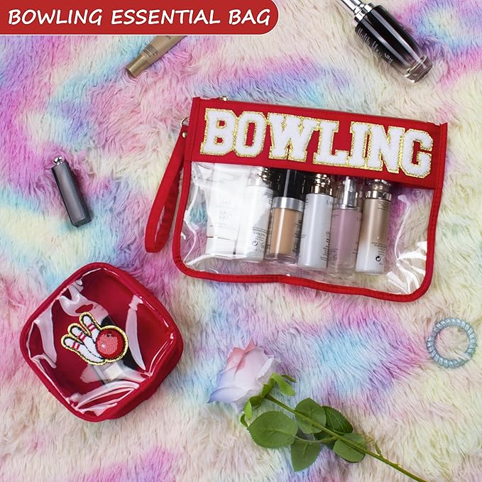 BuyCard 2 Pcs Bowling Gifts Makeup Bag with Chenille Letter Patch, Clear Cosmetic Pouch PVC Organizer Purse, Waterproof Travel Bag, Portable Toiletry Storage Bag for Her Girls Friends Women