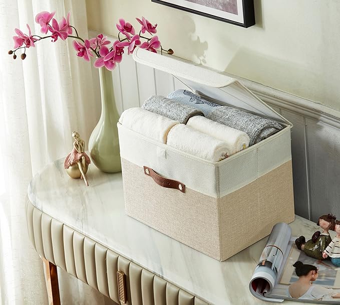 DECOMOMO Fabric Storage Bins with Lid, Storage Baskets for Shelves (Beige and White, 3 Pack)