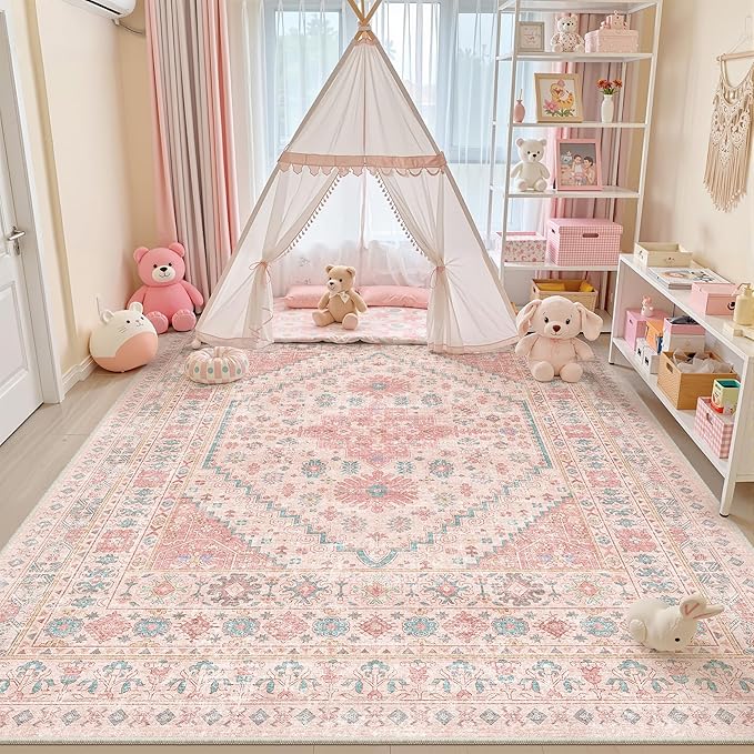 zesthome 9x12 Area Rugs for Girls Bedroom, Low Pile Machine Washable Rugs, Vintage Large Pink Rugs, Stain Resistant Nursery Room Rug, Baby Crawling Rug (Pink/Blue,9'x12')