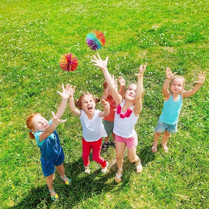 Leinuosen 12 Pieces Monkey Stringy Balls Sensory Stringy Ball Soft Rainbow Pom Bouncy Stress Balls Bags Stuffers Party Favors Birthday Gifts, Multicolor (2.75 Inch)