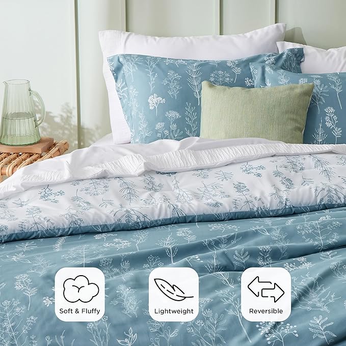Bedsure King Comforter Set - Mineral Blue Bed Set, 3 Pieces Cute Floral Bedding, 1 Soft Reversible Botanical Flowers Comforter and 2 Pillow Shams