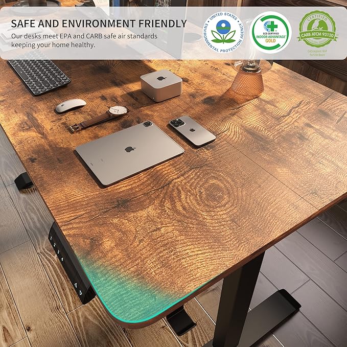 Monomi Electric Height Adjustable Standing Desk, 48x24 Inches, Ergonomic Home Office Sit/Stand Up Desk with Two-Piece Desktop (Black Steel Frame/Rustic Brown Top)