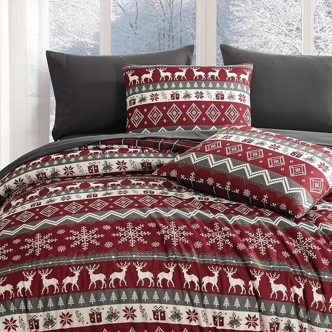 MaiRêve Christmas Full Comforter Sets, Red Reindeer Snowflake Bed Set for Holiday, Reversible Plaid Checkered Comforter Bed in a Bag, Soft Bedding Set 7 Pieces with Sheets, Pillowcases & Shams