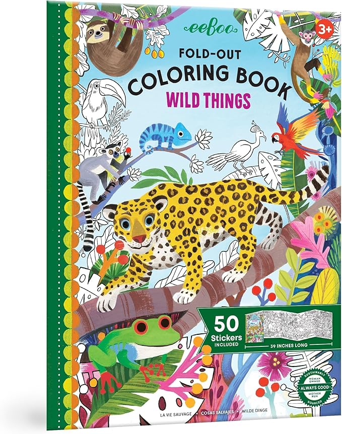 eeBoo: Wild Things Fold-Out Coloring Book with Stickers, Includes 50 Full-Color Stickers, Folds Out for 39" of Coloring, Kids Activity Ages 3+