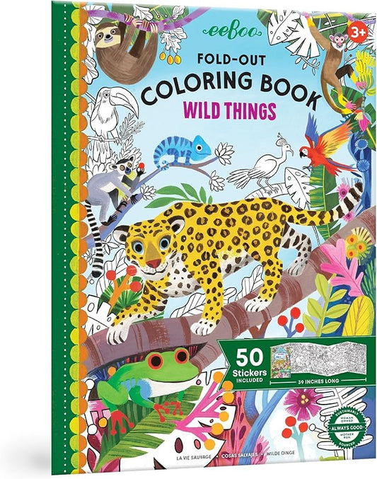 eeBoo: Wild Things Fold-Out Coloring Book with Stickers, Includes 50 Full-Color Stickers, Folds Out for 39" of Coloring, Kids Activity Ages 3+