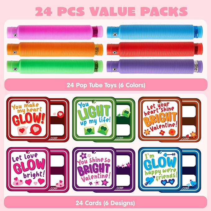 JOYIN 24 PCS Valentine's Day Gifts Cards with Glow Pull Tube Bracelet, Lights Glow in the Dark Toys for Kids Valentine's Party Favors for Classroom Exchange Toy, School Prizes Exchange Gift Rewards
