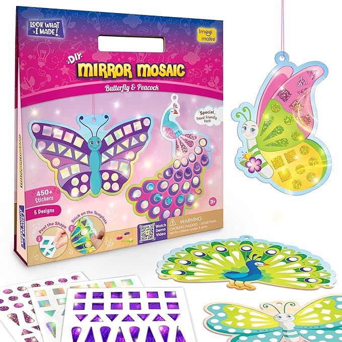 Imagimake Mirror Mosaic Butterfly & Peacock Kids Art Set | DIY Craft Kit | Foil Stickers for Kids | Mosaic Kit | Travel Toys | Birthday Gift for Girls and Boys Ages 3,4,5,6,7,8 |