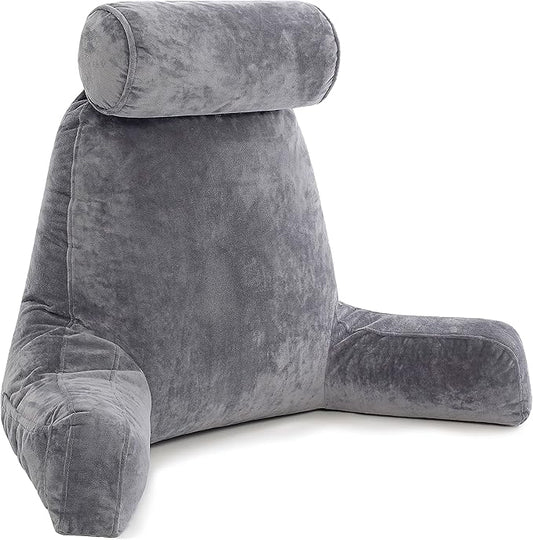 Husband Pillow XXL - Reading Pillow Bed Chair with Arms & Back Support - Dark Grey - Back Pillow for Sitting Up - Bed Rest Arm Pillow - Comfy Reading Pillow for Adults