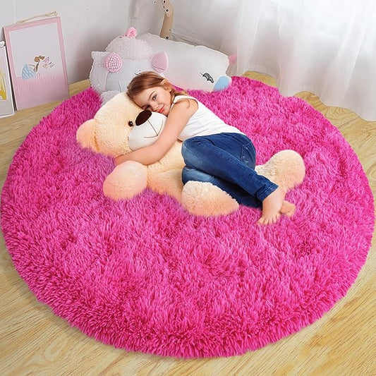 Xexsin Round Fluffy Rugs 4Ft for Girls Bedroom, Hot Pink Shag Circle Kids Rug Non-Slip for Bedside Dorm Nursery Playroom, Soft Cute Area Rugs for Living Room Decor
