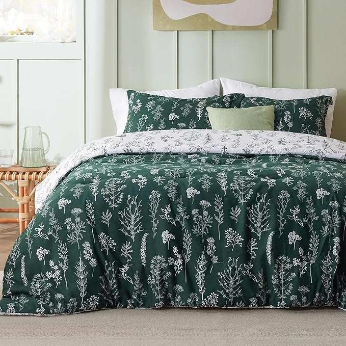 Bedsure Full Comforter Set - Emerald Bed Set, 3 Pieces Cute Floral Bedding, 1 Soft Reversible Botanical Flowers Comforter and 2 Pillow Shams