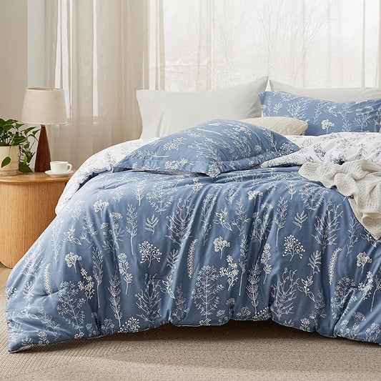 Bedsure King Comforter Set - Infinity Blue Bed Set, 3 Pieces Cute Floral Bedding, 1 Soft Reversible Botanical Flowers Comforter and 2 Pillow Shams