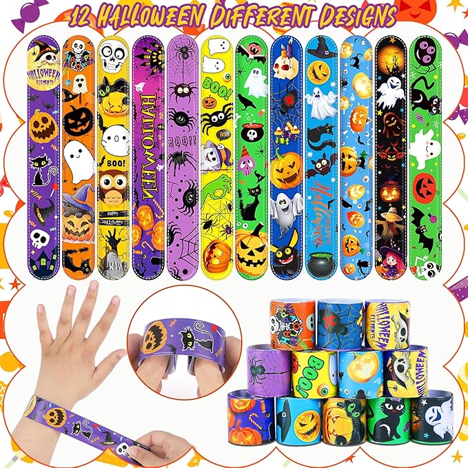 JUNEBRUSHS 50 Pack Halloween Party Favors Halloween Slap Bracelets Rubber Wristbands Assorted for Kids Halloween Slap Bands for Boys Girls Halloween Classroom Prizes Gifts Toys Treat Bag Fillers