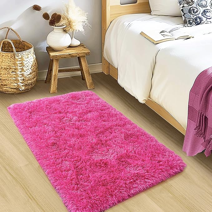 Xexsin Small Rugs for Bedroom, Fuzzy Throw Rug for Living Room Dorm, Soft Fluffy Bedroom Rug, Non Slip Shag Rugs, Modern Indoor Home Decor Aesthetic, 2x3 Feet, Hot Pink
