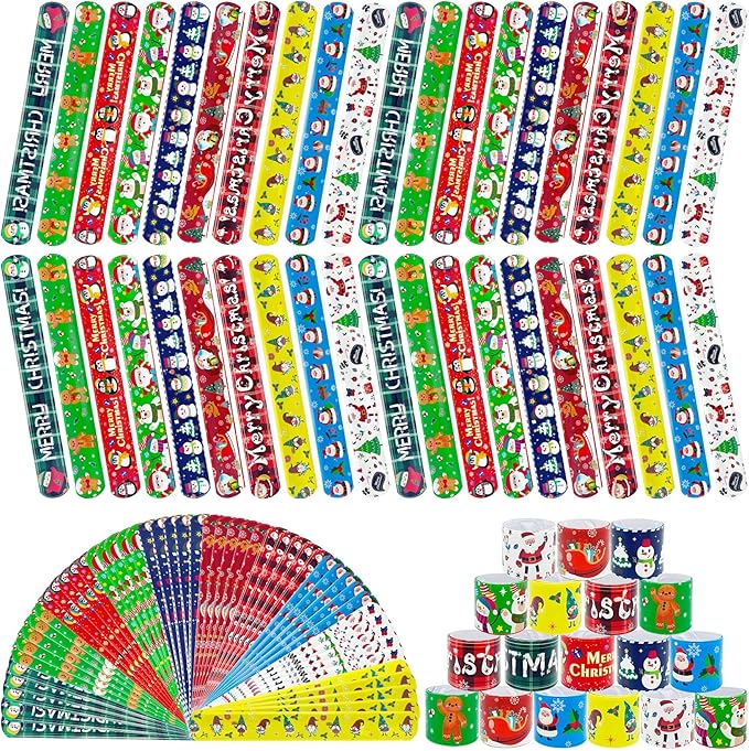 JUNEBRUSHS 56 Pack Christmas Slap Bracelets Xmas Slap Bands Wristband Christmas Party Favors Snap Bracelets Bulk for Christmas Gifts Toys Stocking Stuffers