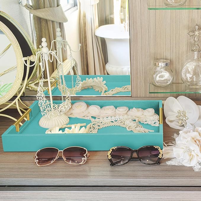 17" x 12" Wood Serving Tray with Gold Polished Metal Handles, Home Decorative Wooden Rectangle Ottoman Leather Decor Platter Bathroom Vanity Tray for All Occasions Blue