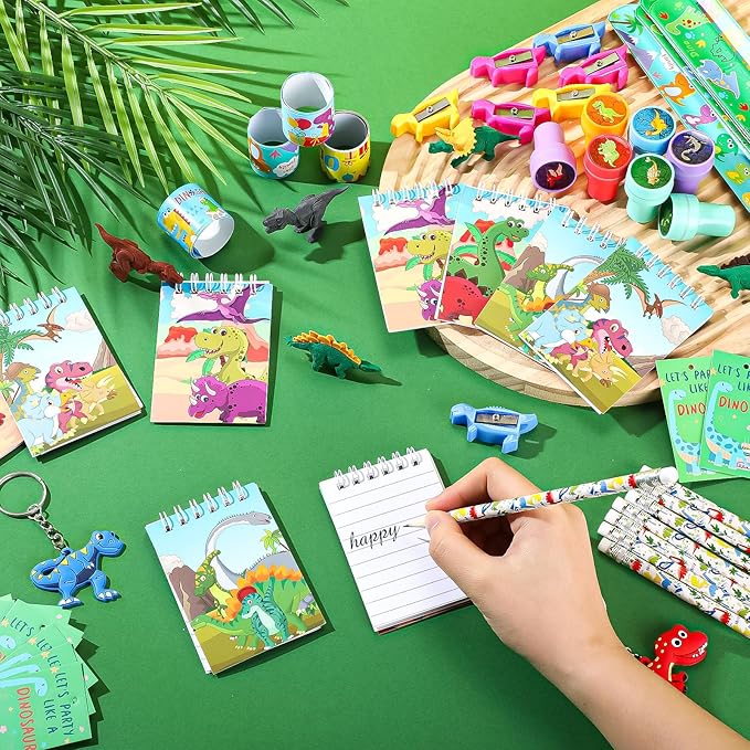 Colarr 161 Pcs Dinosaur Party Favor Dinosaur School Stationery Set Includes Gift Cup Notebook Pencil Sharpener Eraser Keychain Stamp Slap Bracelet Sticker Card For Dinosaur Birthday Supply
