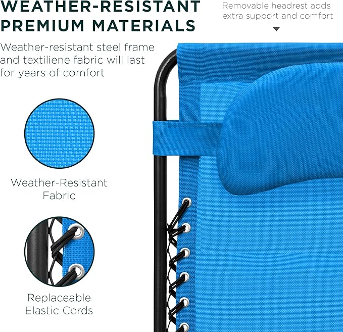 Best Choice Products Oversized Zero Gravity Chair, Folding Outdoor Patio Lounge Recliner w/Cup Holder Accessory Tray, Pillow - Light Blue