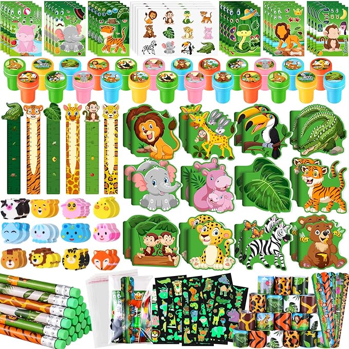 BenLouis 240Pcs Jungle Safari Party Favors Zoo Animals Sticker Stampers Slap Bracelets School Stationery Set Bulk Classroom Prizes for Kids Wild One Party Baby Shower Goodie Bags Fillers