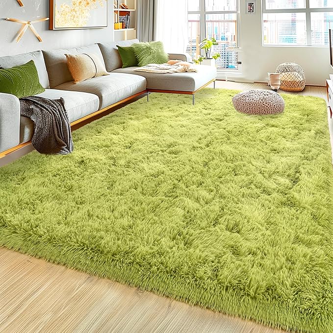 Xexsin Ultra Fluffy Area Rugs for Living Room Bedroom, 6x9 Fuzzy Large Living Room Rugs, Thick Shag Rug for Dorm, Soft Non Slip Kids Girls Boys Rug for Home Decor Aesthetic, Green