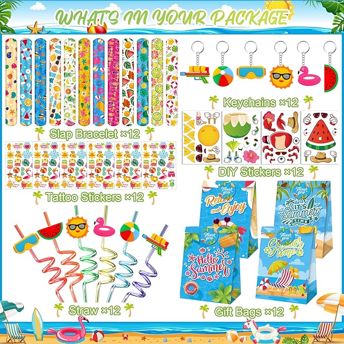 Erweicet Summer Beach Party Favors 72 PCS Summer Pool Slap Bracelets DIY Stickers Keychains Temporary Tattoos Plastic Straws Party Gift Bags for Hawaiian Luau Theme Birthday Party Baby Shower