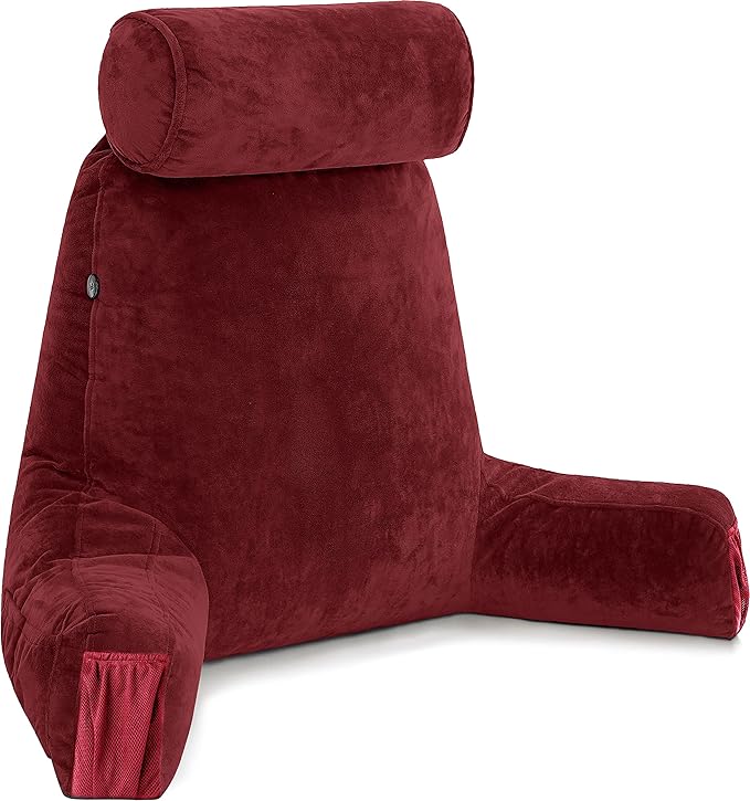 Husband Pillow Medium Maroon, Backrest for Kids, Teens, Petite Adults - Reading Pillows with Arms, Adjustable Loft, Plush Memory Foam, Bed Rest Chair for Sitting Up, Detach Neck Roll, Removable Cover