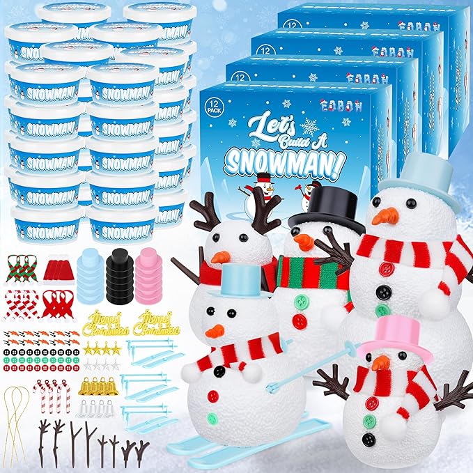 EOBOH 48 Pack Christmas Snowman Craft Kit, DIY Snowman Crafts for Kids, Build a Snowman Kit Indoor Decor, Creative Air Dry Modeling Clay, Xmas Snowman Making Kit Gift Toys for Holiday Party Supplies