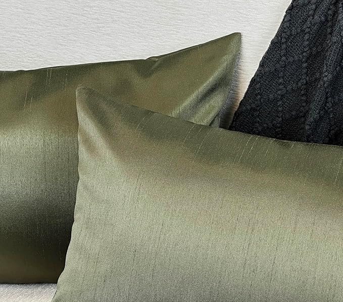 Aiking Home 12x24 Inches Faux Silk Rectangular Throw Pillow Cover, Zipper Closure, Sage (Set of 2)