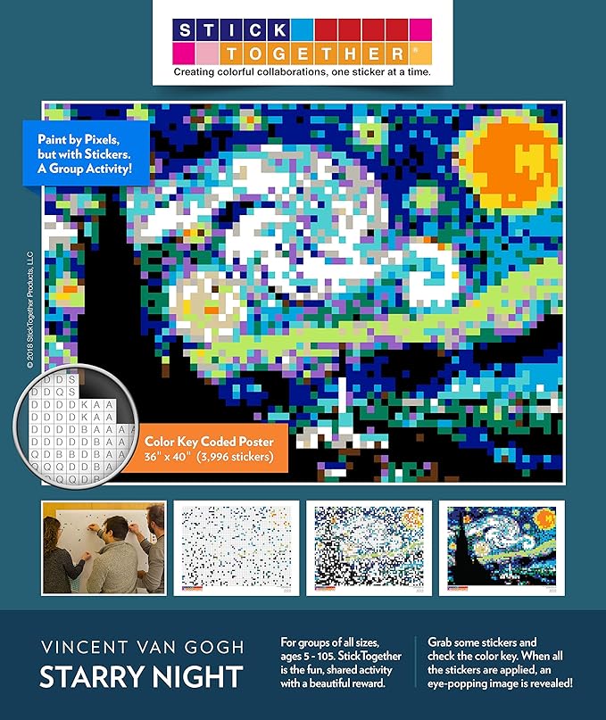 Huge Mosaic Puzzle Poster Kits | Group Project | No Mess Paint by Sticker | Stay at Home Activity | Classroom | One Sticker at a Time! | Large Starry Night | Learning Fun | 40” X 36” Giant Poster