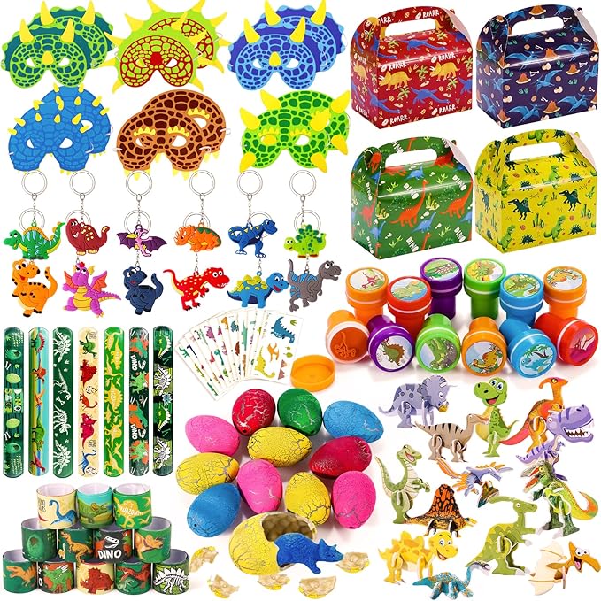 Golray Dinosaur Party Favors Birthday Supplies Gift Box Dino Egg Model Puzzle Mask Stamper Slap Bracelet Keychain Tattoo Sticker Goody Bag Stuffer Pinata Filler 102Pcs Boy Kids Dinosaur Party Supplies