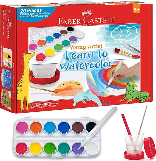 Faber-Castell Young Artist Learn to Watercolor - Watercolor Paint Set for Kids Ages 5+, Kid-friendly and Washable Watercolor Paint (Packaging May Vary)