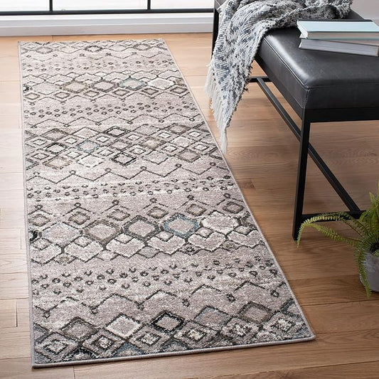 SAFAVIEH Amsterdam Collection Runner Rug - 2'3" x 6', Light Grey & Brown, Moroccan Boho Design, Non-Shedding & Easy Care, Ideal for High Traffic Areas in Living Room, Bedroom (AMS108F)