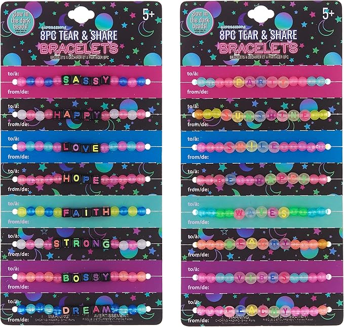 Expressions 16pc Tear & Share Bracelets w/ GLOW IN THE DARK Beads - Novelty Message Bracelets To Share With Friends, Colorful Letter Beaded Bracelets, Shareable Party Favor Jewelry For Kids And Teens