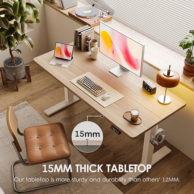 TIQLAB Electric Standing Desk, Adjustable Height Stand up Desk, 63 * 24 Inches Sit Stand Home Office Table with Splice Board, Light Walnut