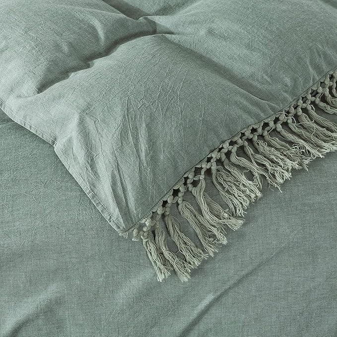 Helthep Vintage 100% Washed Cotton Tassel Queen Size Bedding Set Dark Sage Green 3Pcs Duvet Cover Set Fringed Boho Hidden Zipper Closure Soft Breathable Green Comforter Cover w Tassels