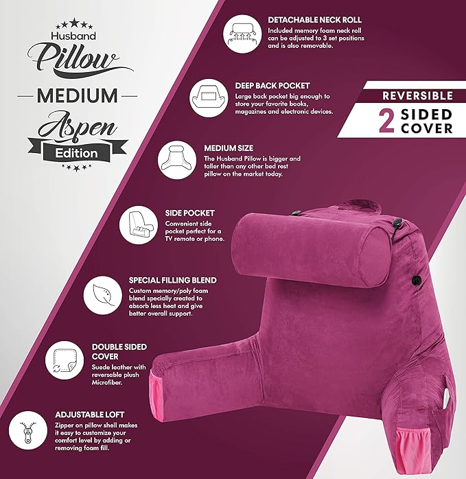 Husband Pillow Medium - Reading Bed Pillow with Arms - Premium Shredded Memory Foam Bed Pillow for Sitting Up - Aspen Edition Sldig Raspberry - Reversible 2 Sided Cover with Plush Microfiber and Suede
