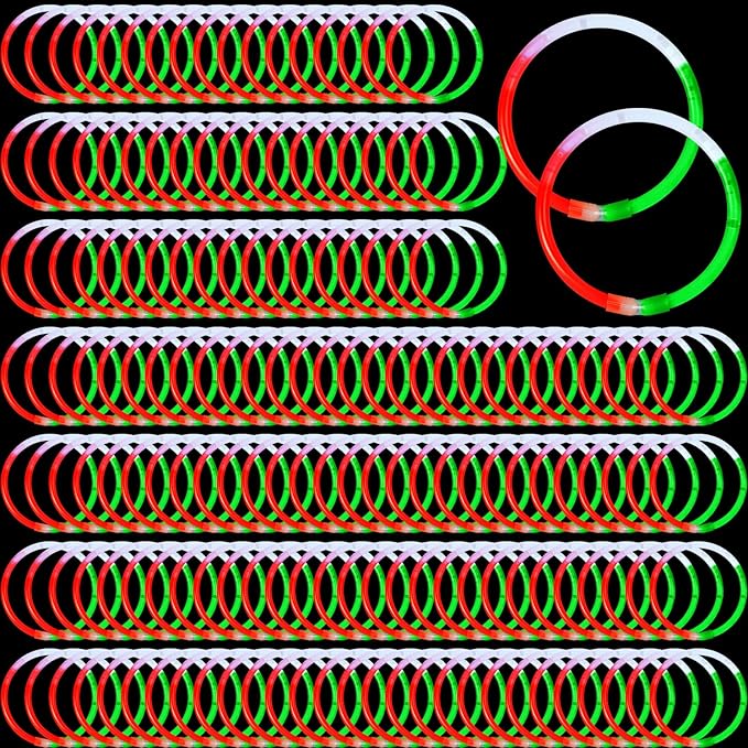 Hanaive 200 Pcs Christmas 8'' Glow Stick Bracelet Bulk Red Green White Glow Stick Bracelet Glow in the Dark Christmas Party Supplies Light up Bracelet for Neon Birthday Memorial Day Favors