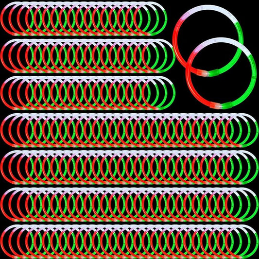 Hanaive 200 Pcs Christmas 8'' Glow Stick Bracelet Bulk Red Green White Glow Stick Bracelet Glow in the Dark Christmas Party Supplies Light up Bracelet for Neon Birthday Memorial Day Favors
