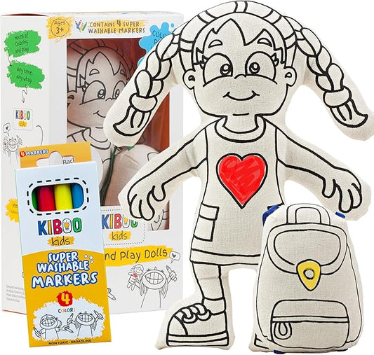 Color Your Doll - Washable Art Toy with Mini Doll Backpack and Markers - Educational Craft for Creative Play (Girl Doll with Braids)