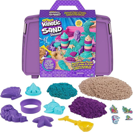 Kinetic Sand, Mermaid Palace Playset with 2.06lbs Play Sand (Neon Purple, Shimmer Teal & Beach), Tools & Folding Sandbox, Sensory Toys for Kids