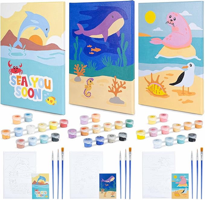 BONNYCO Paint by Numbers Kit for Kids Sea Animals Pack 3 Canvas Paint by Number Canvas, Ocean Gifts for Kids, Arts and Crafts, Kids Paint by Number, Kits Pre Drawn Canvas for Painting for Kids