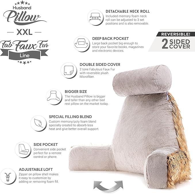 Husband Pillow XXL Ultra Rare Baby Amber Fox Fabulous Faux Fur Backrest, Two-Tone Reversible Double Sided Reading & Bed Rest Pillow with Arms & Neck Roll, Adjustable Memory Foam - Extremely Comfy