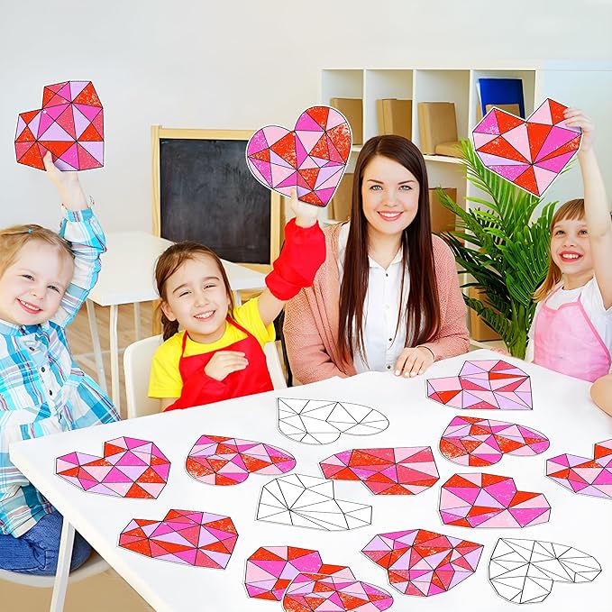 BeYumi 83Pcs Color Your Own Valentine's Day Heart Kit for Kids DIY Coloring Craft Kit Coloring Valentine Heart Ornament Geometric Love Card School Classroom Valentine Party Activity Art Craft Project