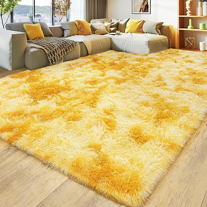Xexsin Ultra Fluffy Area Rugs for Living Room Bedroom, 6x9 Fuzzy Large Living Room Rugs, Thick Shag Rug for Dorm, Soft Non Slip Kids Girls Boys Rug for Home Decor Aesthetic, Tie-Dyed Yellow