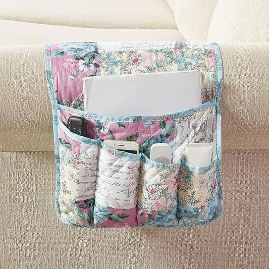 Brilliant Sunshine Lilac Rose Couch Sofa Armrest 5 Pockets Organizer, Slip Resistant Recliner Armchair Caddy, Washable Remote Controls Holder, Storage for Magazine, Tablet, Phone, 35×13", Egg Blue