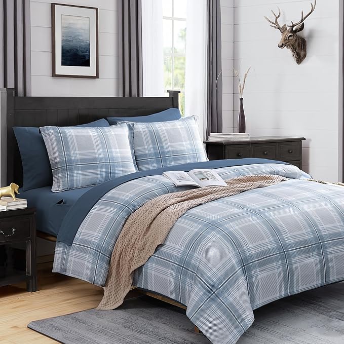 MaiRêve Plaid Twin XL Comforter Set, Light Blue Grid Bedding Set for Boys & Girls, Classic Checkered Bed in A Bag Comforter Sets with Fitted & Flat Sheet, Pillowcase & Sham(Light Blue, 66"x90")