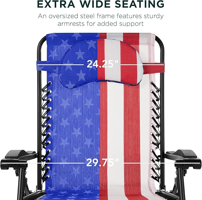 Best Choice Products Oversized Zero Gravity Chair, Folding Outdoor Patio Lounge Recliner w/Cup Holder Accessory Tray, Pillow - American Flag