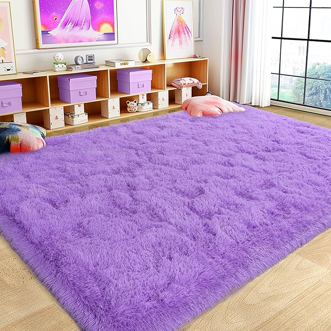 Xexsin Ultra Fluffy Area Rugs for Living Room Bedroom, 6x9 Fuzzy Large Living Room Rugs, Thick Shag Rug for Dorm, Soft Non Slip Kids Girls Boys Rug for Home Decor Aesthetic, Purple